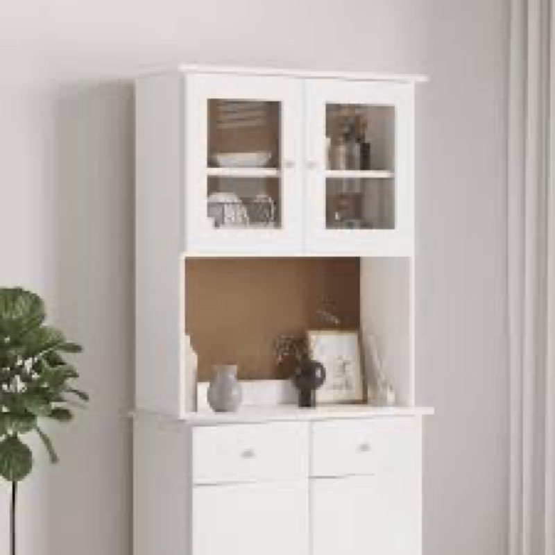 *damaged box*similar to stock photo*Solid Pine Wood Buffet Cabinet with Glass Doors and Shelves 30.3" White Storage Cabinet for Kitchen Dining Room Living Room Furniture Rustic Style