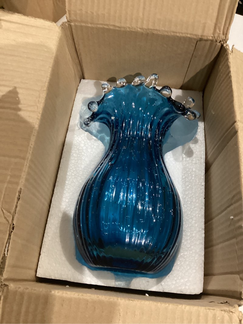 Condition photo showing Good Condition for Hand Blown Glass vase, Unique Blue Glass vase, Modern Art Decor, Suitable for Living Room Coffee Tables, Wedding centerpieces, Dining Tables, and Office Centerpiece Floral Arrangements C-lanse
