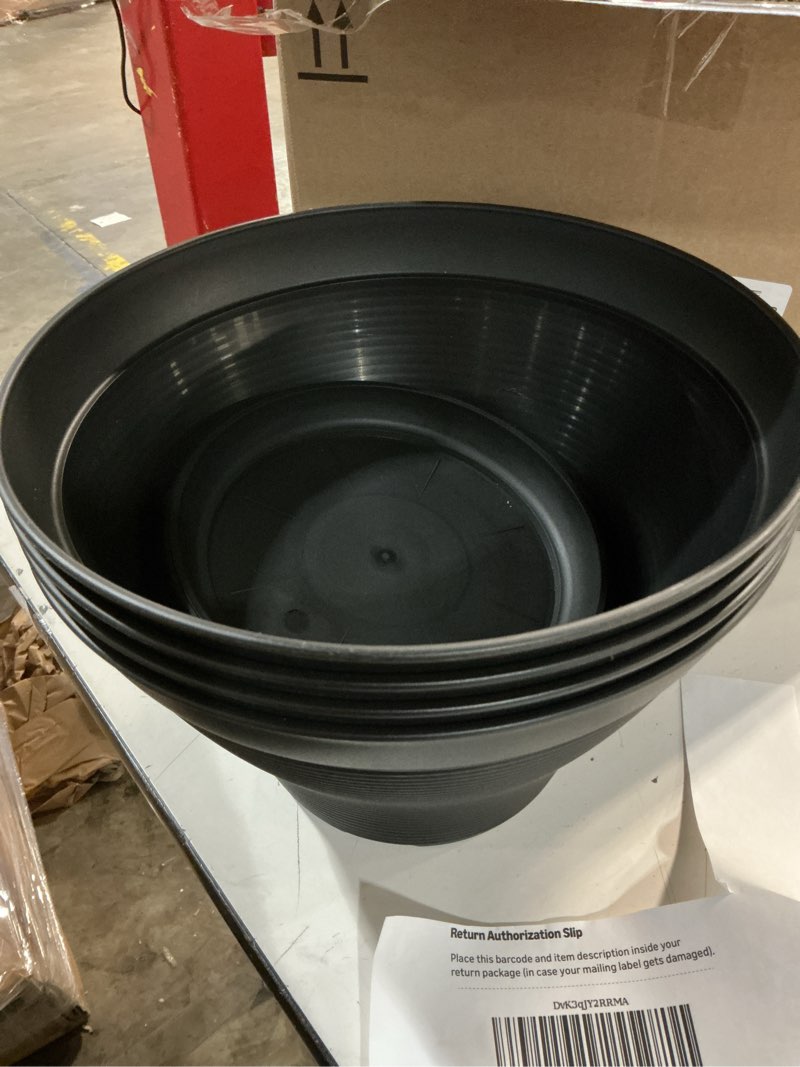 Condition photo showing As Is for 4 pack 12 inch plant pots with saucers, plastic flower pots with drainage holes, large planters for indoor outdoor garden, house plants, flowers, herbs, gardening gifts, black black 12 inch-4p