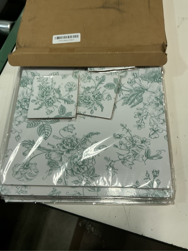 Condition photo showing New/Like New for lemonroad 6 sets green floral cork placemats 16 x 12 inches heat cork backed placemat and 6 coasters retro backing table mats square coasters for rustic kitchen dinner table setting supplies