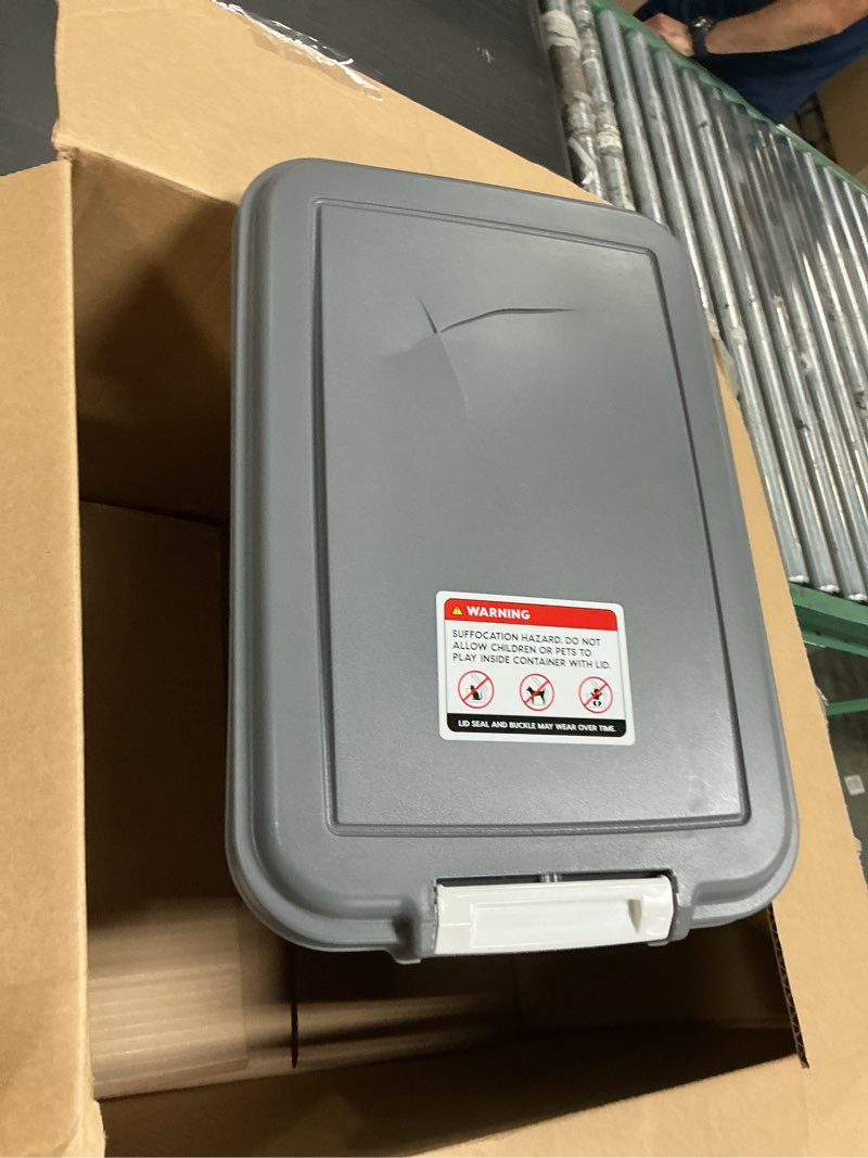 Condition photo showing As Is for iris usa dog food storage container, 30 lbs & 11 lbs combo, cat food storage container, dog treat container, airtight, stackable, 2-cup scoop, wheels, easy mobility, gray gray/dark gray