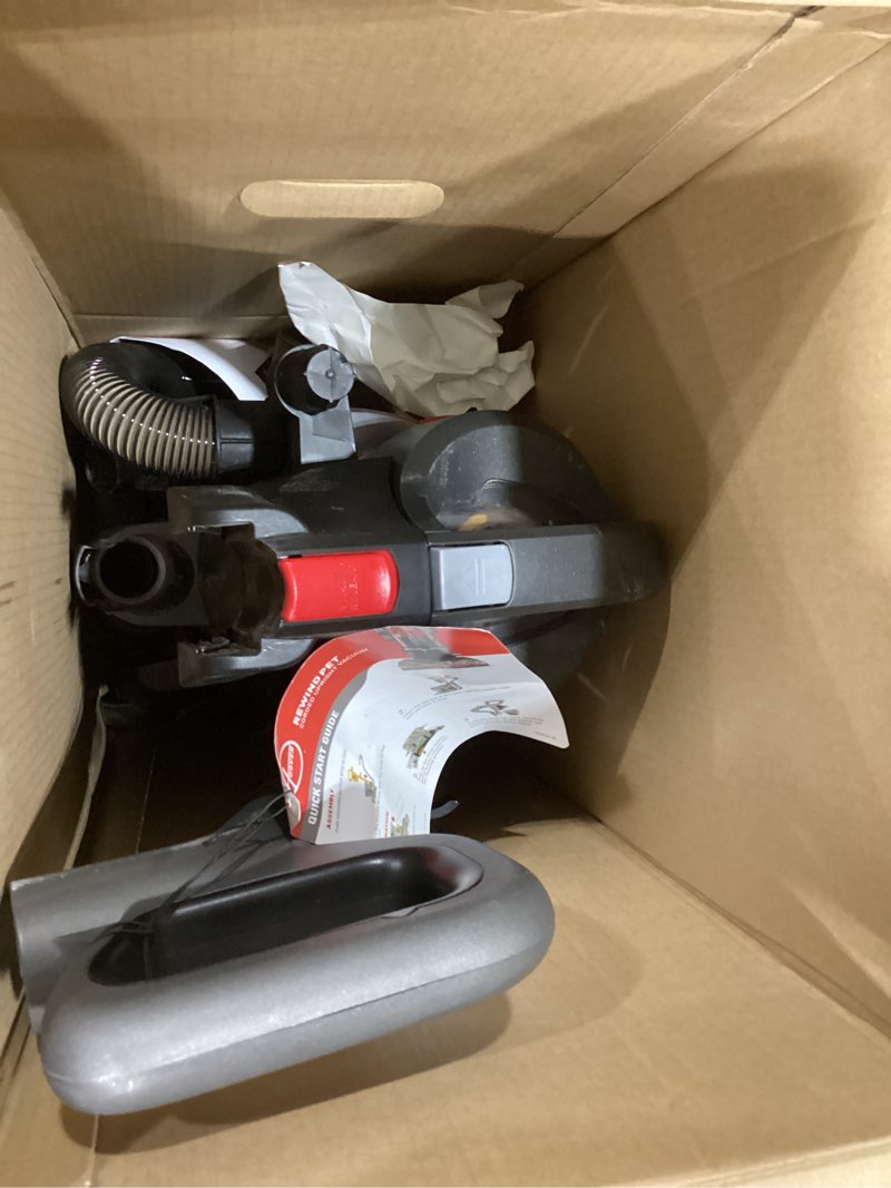 Condition photo showing As Is for hoover rewind pet upright bagless vacuum cleaner for carpet and hard floors, automatic cord rewind, above floor cleaning corded vacuum cleaners for home use, gray