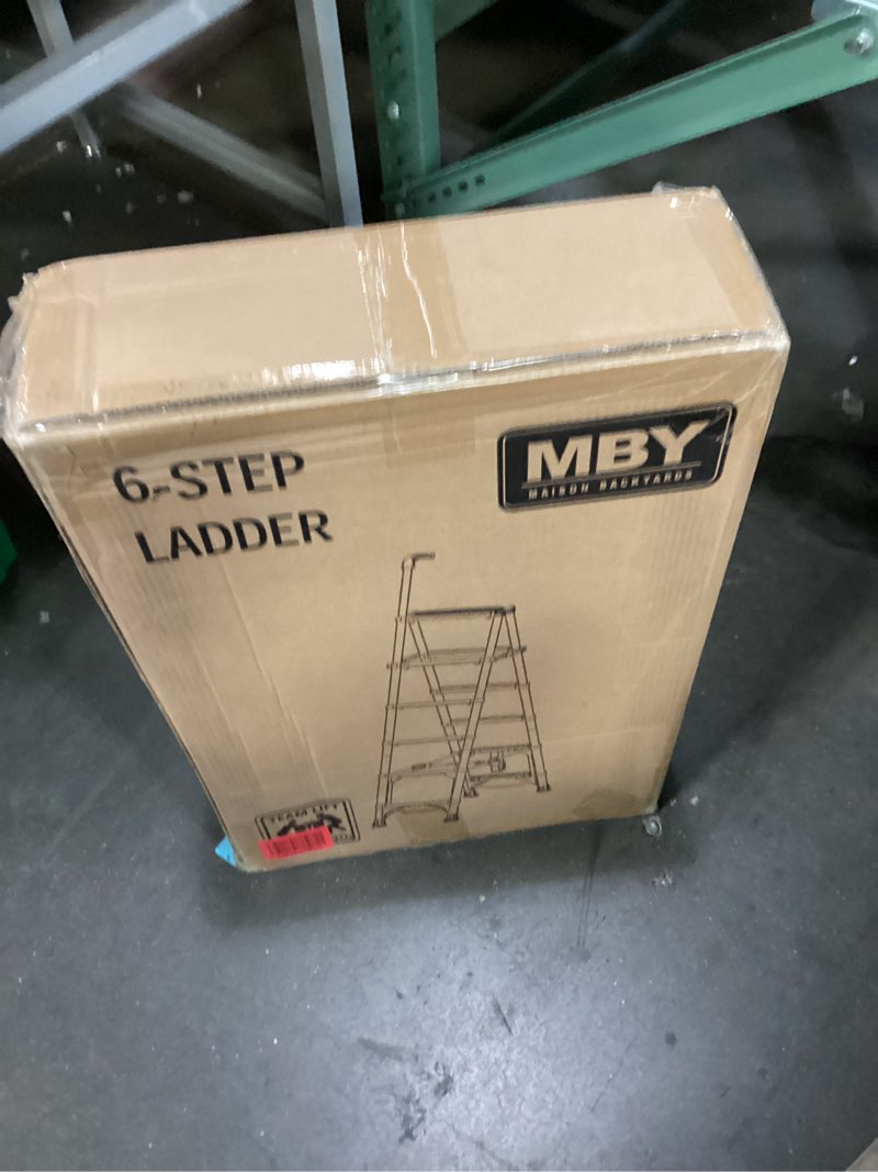 Condition photo showing New/Like New for 6-Steps Telescoping Ladder White, 5.4FT Folding Step Stool with Secure Lock, Non-Slip Wide Steps & Anti-Skid Feet, Easy Storage & Carrying, Carbon Steel Extension Ladder for Home, Garage, Warehouse White 6 step