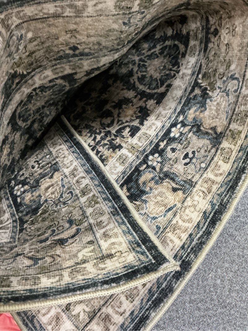 Condition photo showing As Is for Washable 4x6 Rugs for Living Room, Boho Non-Slip Vintage Distress Small Rugs for Bedroom Nursery Office, 0.3" Neutral Oriental Throw Thin Carpet with Cushioning Pad,Black/Brown/Blue/Multi Black/Brown/Blue/Multi 4x6
