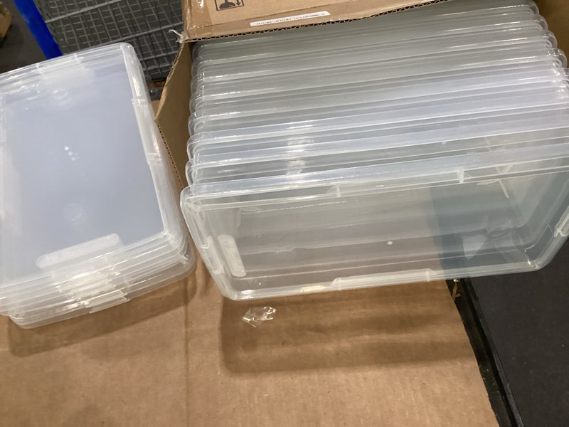 Condition photo showing New/Like New for 6 quart stackable plastic storage shoebox, bpa-free nestable container with latching lid to organize shoes, see-through box for home and office, multi-purpose clear bins (transparent, 8 pack) transparent 8 pack