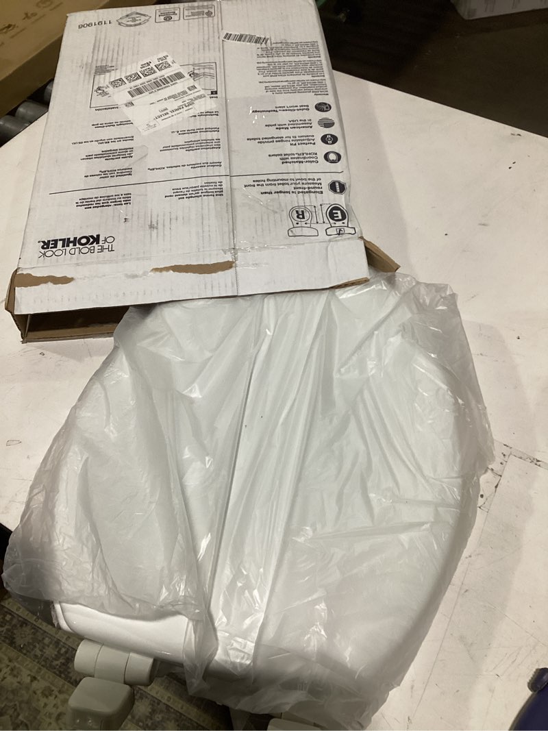 Condition photo showing Good Condition for kohler stonewood quiet-close elongated toilet seat, slow close design, durable wood, easy installation, universal fit, white finish, k-20466-0