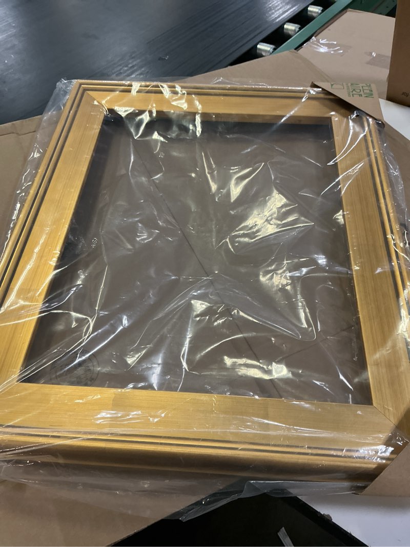 Condition photo showing As Is for creative mark plein air style frame, hand leafed gold, 14x18-2.75" wide moulding with 1/2" rabbet depth, open back w/o glazing, museum quality, for art panels, stretched canvas, pictures & more 14x18" gold