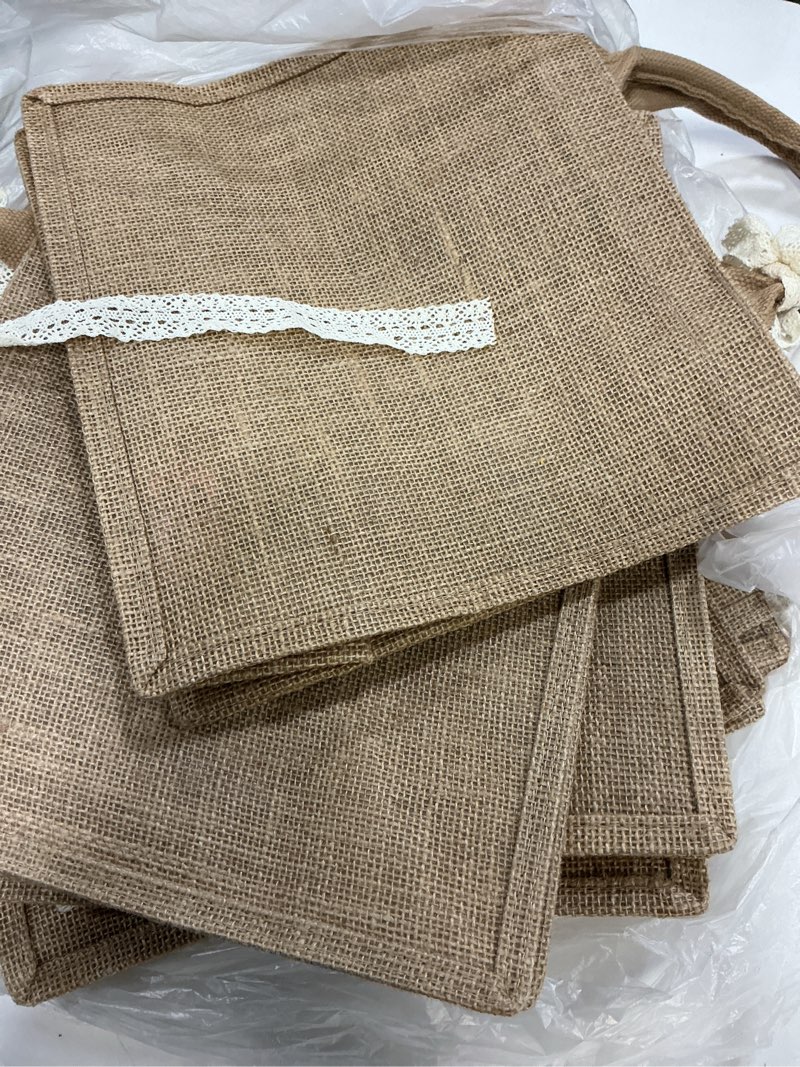 Condition photo showing As Is for HekouJiub 8Pcs Burlap Tote Bag Bulk Jute Bags with Handles Reusable Blank Jute Tote Bags for Women B