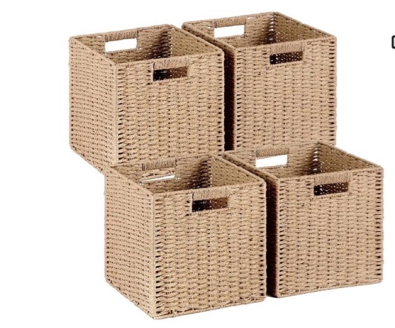 woven wicker storage baskets 4-pack, 11x11 handwoven paper rope organizer bins, foldable cube storage cubes with built-in handles for shelves and closet organization(natural beige)