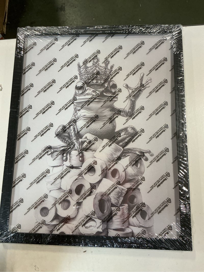 Condition photo showing New/Like New for Orvannaatr Bathroom Picture Wall Decor, Framed Black and White Bathroom Wall Art Wear Crown Frog Toilet Paper Pile - Playful Bathroom Wall Decor Animal Art Black and White be Hung Directly 14"L x 11"W Frog