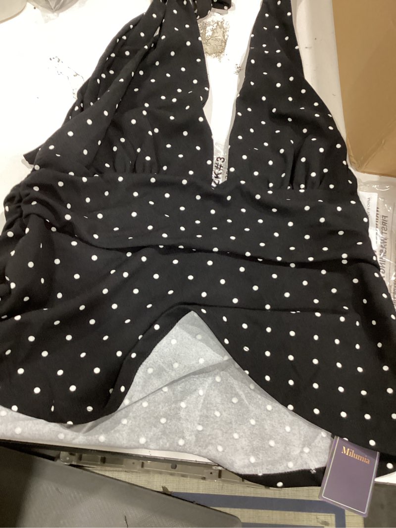 Condition photo showing Good Condition for milumia women's polka dots halter top y2k tie backless v neck ruffle hem peplum tank tops large black