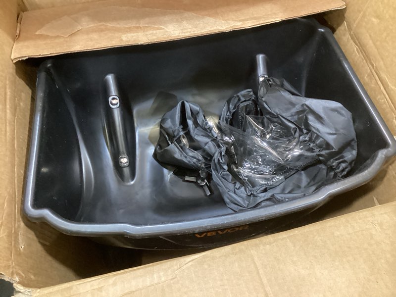 Condition photo showing As Is for vevor tow-behind spreader, 9.8 ft spreading width, broadcast spreader with 10" all-terrain tires, 85 lbs capacity hopper, adjustable flow control, lawn spreaders for seed fertilizer ice melt tow behind 85lb black