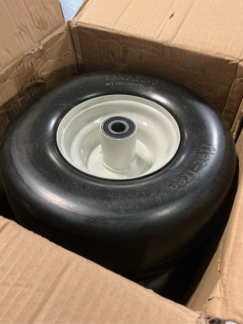 Condition photo showing As Is for 13x6.50-6 flat free lawn mower tires and wheels 3/4" 5/8" 1/2" ball bearings, 13x6.5x6 zero turn mower front tires, smooth tires for commercial grade lawn 5.5"-7.5" adjustable centered hub 13x6.50-6 - 2p ( flat free ) white