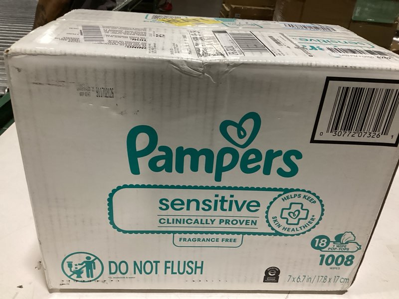 Condition photo showing As Is for pampers sensitive baby wipes, water based, clinically proven, hypoallergenic, and unscented for babies, 1008 wipes total (18 flip-top packs) [packaging may vary] 56 count (pack of 18)