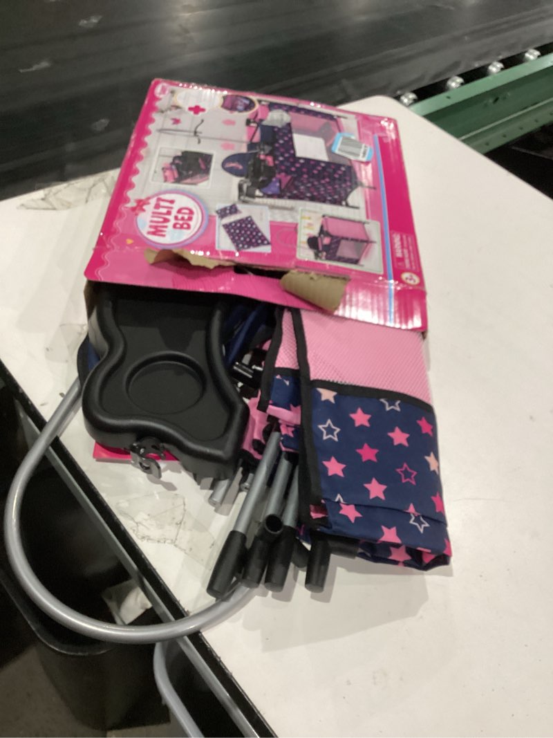 Condition photo showing As Is for Bayer: Multi-Bed - Navy, Pink, Fairy, Stars - Playpen for Dolls Up to 18", Built-in Highchair & Mobile, Pillow & Blanket, Kids Toy Age 3+
