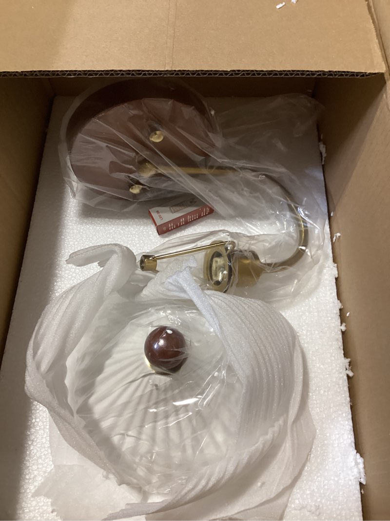 Condition photo showing Good Condition for Vintage Pleated White Ceramic Wall Sconce, Retro Walnut Wood Vanity Light with Aged Brass Finish, Elegant Wall Lamp for Bedroom, Living Room