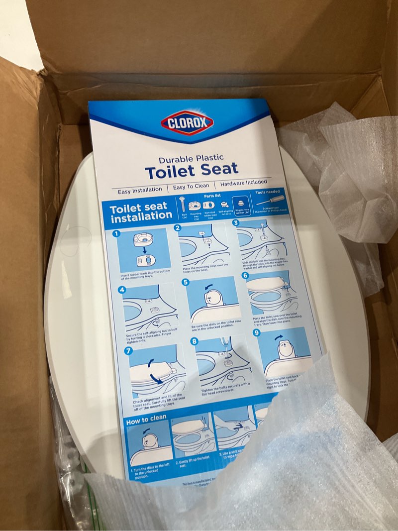 Condition photo showing item condition for Clorox Round Beveled Plastic Toilet Seat with Easy-Off Hinges – Wiggle-Free Design Round Plastic