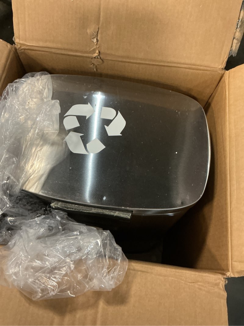 Condition photo showing As Is for Amazon Basics Smudge Resistant Rectangular Trash Can With Soft-Close Foot Pedal, Brushed Stainless Steel, 50L/13.2 Gal, 16.7x14.7x25.9 in, Satin Nickel Finish Satin Nickel Big, 50L/13.2 Gal