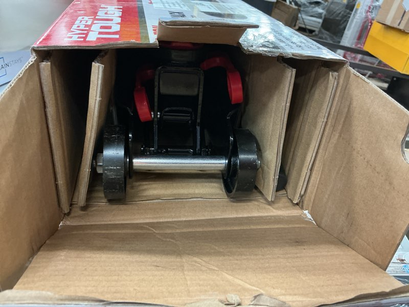 Condition photo showing As Is for hyper tough t82011w trolley jack, work for sedan and coupe, 2 ton black