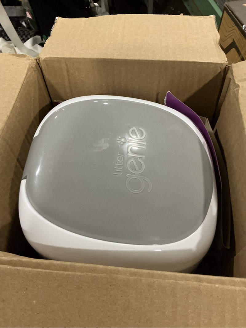 Condition photo showing As Is for litter genie style pail cat litter box waste disposal system for odor control includes 1 square refill bag white
