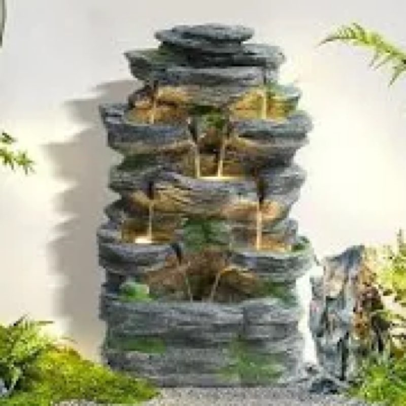 7 Tiers Cascading Rock Outdoor Water Fountain, Garden Freestanding Rockery Natural Waterfall Fountains Outdoor with LED Lights, Soothing Tranquility Fountains for Home Garden Yard Deco