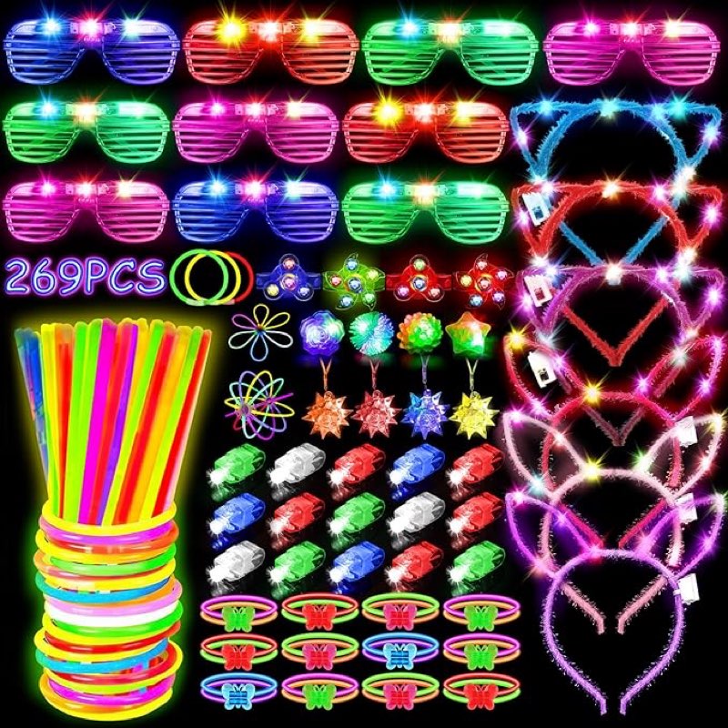 mibote 269pcs led light up toys party favors glow in the dark party supplies for kid/adults halloween with light up glasses,rings,fidget spinner bracelets,100 glow sticks bulk party pack diy glow