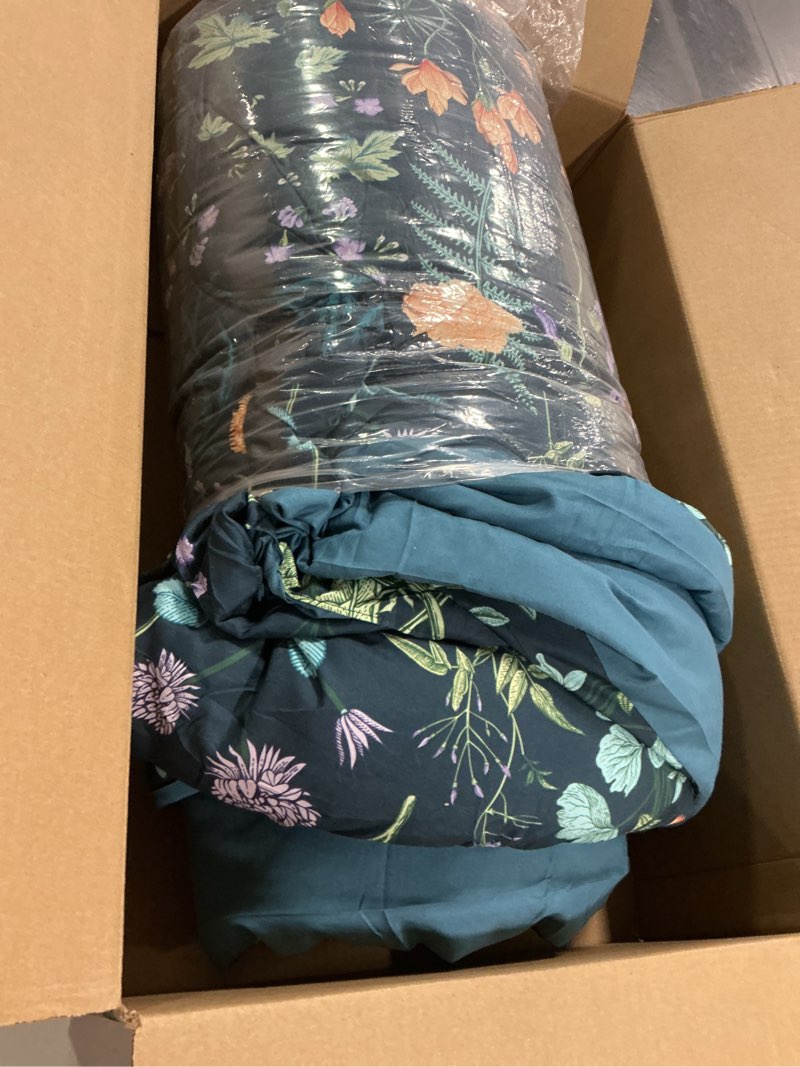 Condition photo showing As Is for ( incomplete) Yiran Comforter Set Queen Size, 7 Piece Peacock Blue Floral Comforters Lightweight Bedding Set Bed in a Bag Soft Microfiber Complete Botanical Beds Sets with Sheets for All Season Winter Spring Peacock Blue Queen (90\"x90\")
