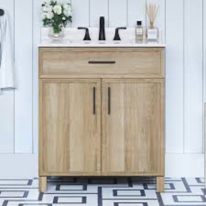 customer reviews for home decorators collection hanna 30” single sink weathered tan bath vanity with white engineered stone top 
