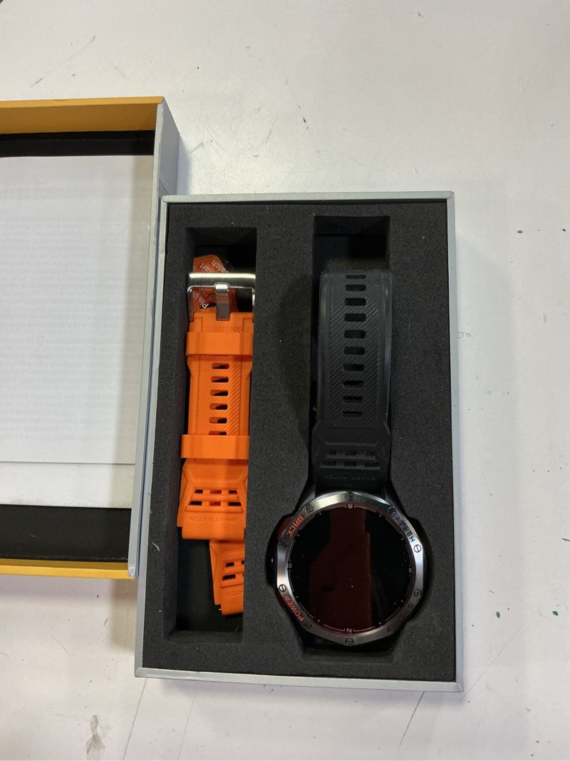 Condition photo showing As Is for military smart watches built-in gps, 170+ sport modes for men with flashlight, smartwatch for android phones and iphone, 1.43" amoled screen bluetooth call compass altimeter (black & orange (2 bands))