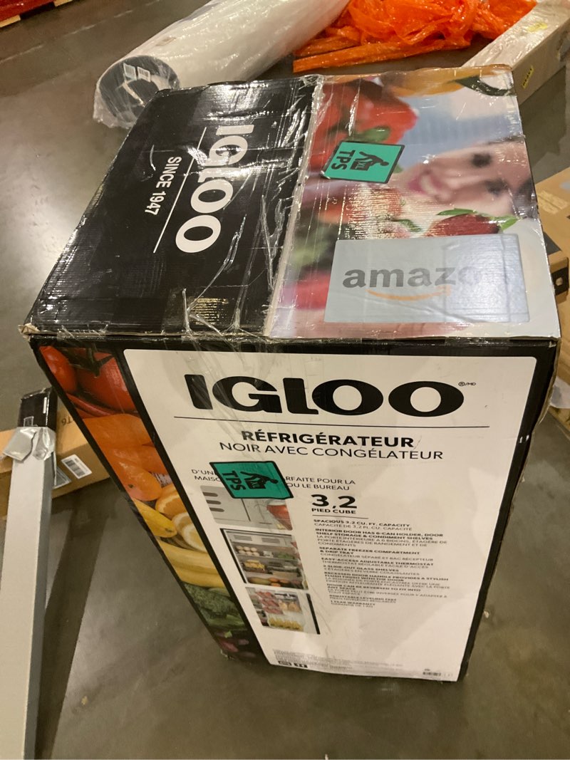 Condition photo showing As Is for Igloo 3.2 Cu.Ft. Single Door Compact Refrigerator with Freezer - Slide Out Glass Shelf, Perfect for Homes, Offices, Dorms - Black 3.2 Cu. Ft. Black