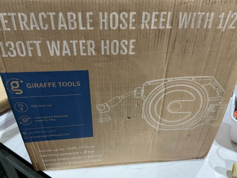 Condition photo showing As Is for 130ft retractable garden hose reel 1/2 inch, heavy duty wall mounted water hose with metal bracket, auto-lock, slow return, 180° swivel & 9-pattern spray nozzle, uv resistant outdoor 1/2inch 130ft