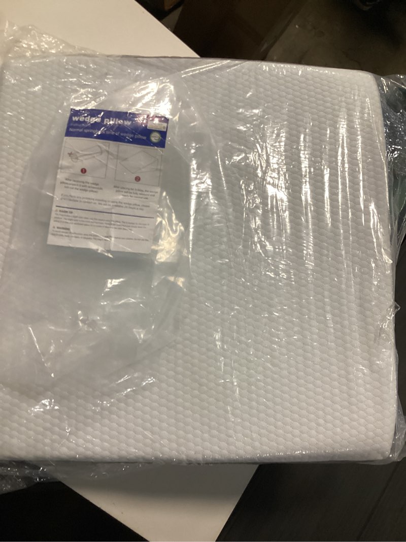 Condition photo showing New/Like New for bedluxe wedge pillow, 10 inch bed wedge pillow for headboard, pillow wedge for acid reflux relief, sleeping, back pain relief, snoring, triangle pillow wedge, white/grey 24*24*10 inch white grey