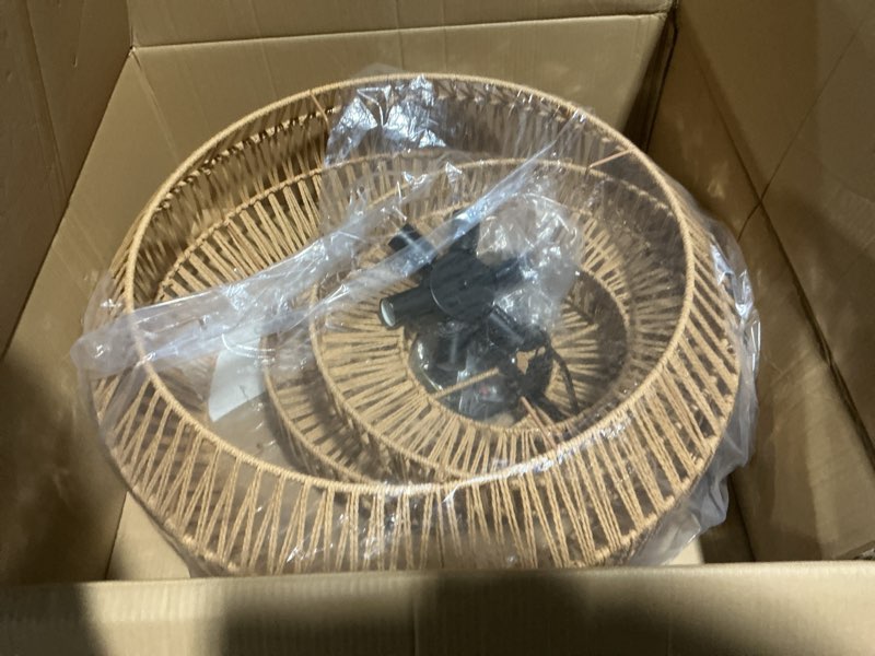 Condition photo showing As Is for large rattan chandelier boho pendant light fixture dinning room chandelier boho hanging light 31.5in basket light woven rattan pendant light for kitchen island hallway bedroom farmhouse living room brown 31.5in-6light