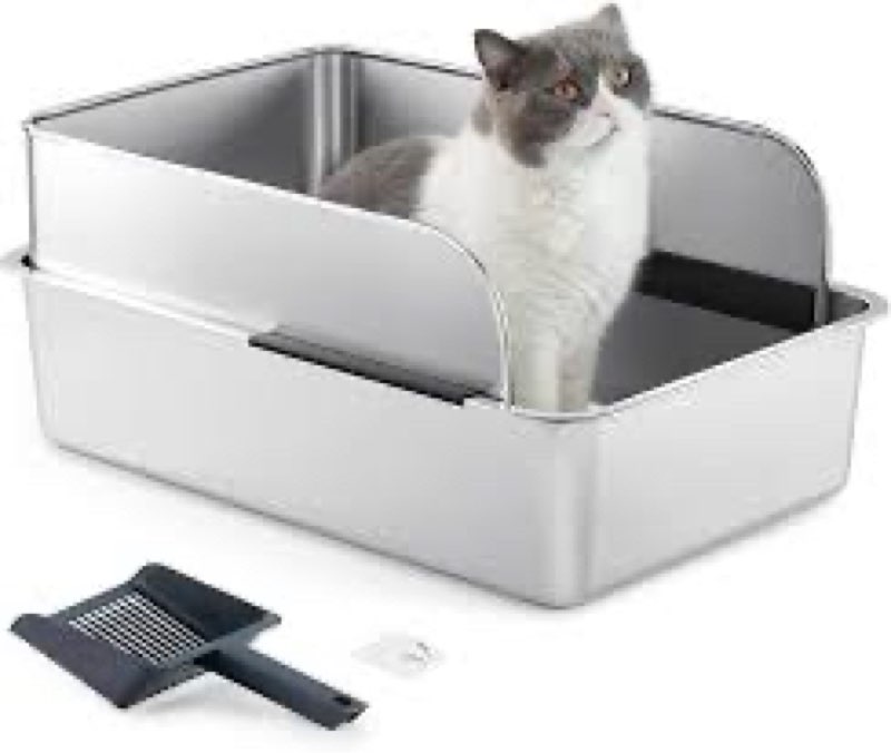 Yangbaga Extra Large Stainless Steel Litter Box, Leak Proof 10.4 Inches High Sides for Urine & Litte