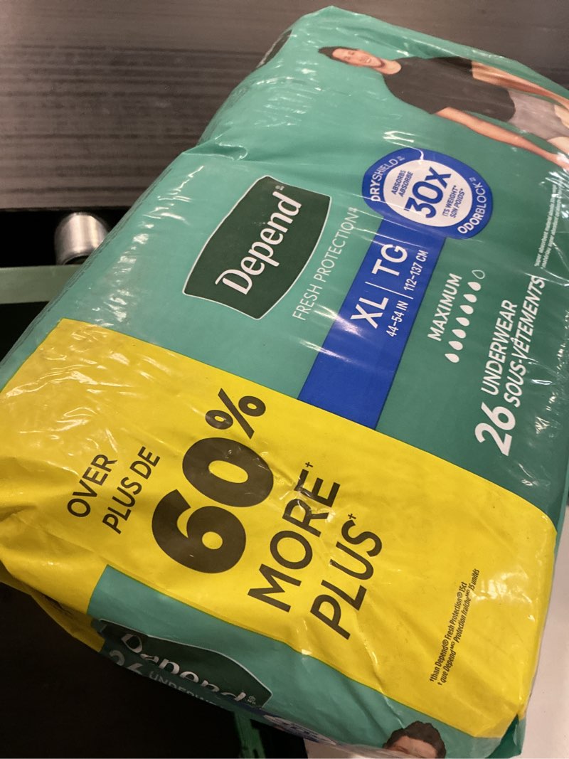 Condition photo showing New/Like New for depend fresh protection adult diapers, incontinence underwear for men, disposable, maximum, extra-large, grey, 26 count, packaging may vary x-large 26