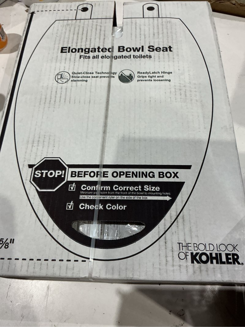 Condition photo showing New/Like New for kohler 4636-rl-0 cachet readylatch elongated slow close toilet seat, soft close toilet seat quiet lid, contoured grip-tight bumpers installation hardware, apartment essentials, white white elongated ready latch