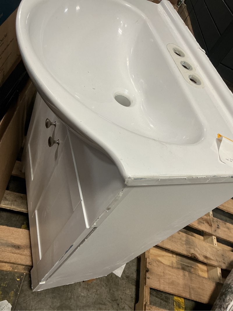 Condition photo showing As Is for project source euro 24-in true white single sink bathroom vanity with white cultured marble top