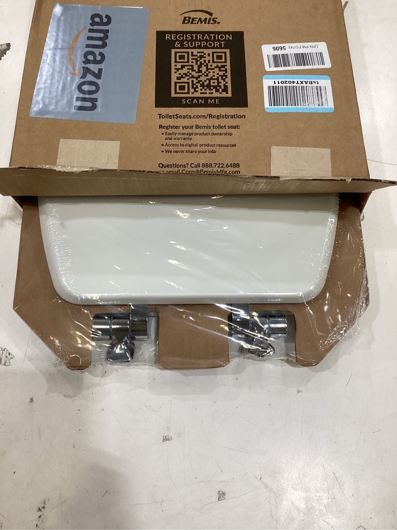 Condition photo showing Good Condition for mayfair bennett toilet seat with chrome hinges, slow close wood seat, secure metal hinges, easy install, made in usa, elongated, white elongated chrome