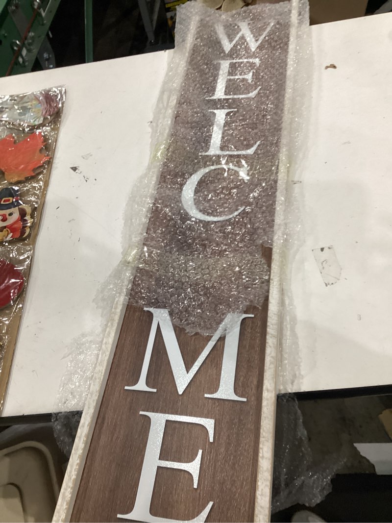 Condition photo showing Good Condition for surfapans interchangeable welcome sign for front porch standing 45"x9" large with 12 pcs replaceable icons outdoor decorations frame tall vertical outside farmhouse rustic door decor (white wood) white wood-sign