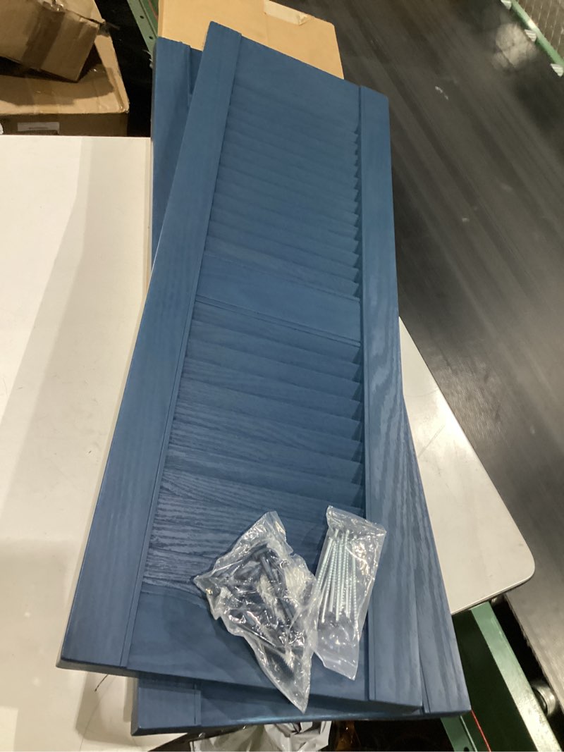 Condition photo showing New/Like New for mid america open louver vinyl shutters 14.5 x 36 inch (1 pair) with mounting hardware - classic blue 036 - injection molded fade-resistant construction classic blue 14.5"w x 36"h