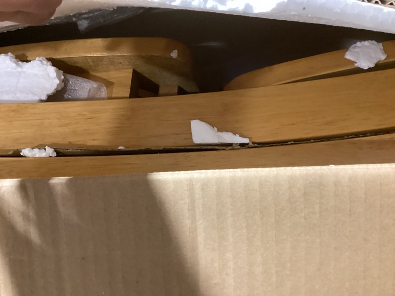 Condition photo showing As Is for East West Furniture VAC-OAK-W Vancouver Kitchen Dining Chairs - Slat Back Wooden Seat Chairs, Set of 2, Oak Incomplete 