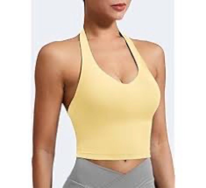 YEOREO Women's Halter Crop Top V Neck Workout Going Out Tank Top Hazel Padded Sleeveless Backless Tr (yellow)