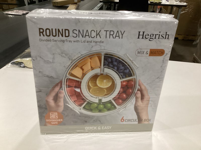 Condition photo showing Good Condition for small divided rotating serving tray with lid and handle,portable snackle box container,spinner organizer and storage for adults,child,fruits,candy,nuts,veggie,charcuterie,snacks,picnic,travel, party white