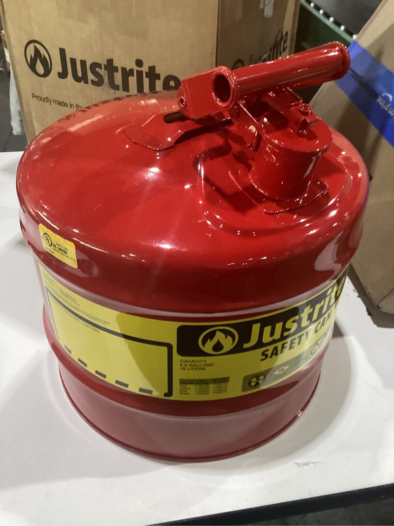 Condition photo showing Good Condition for justrite 5 gallon type i red safety gas can for gasoline with flame arrester and self-closing lid, made in the usa, galvanized steel flammable storage can, 7150100 5 gallon red