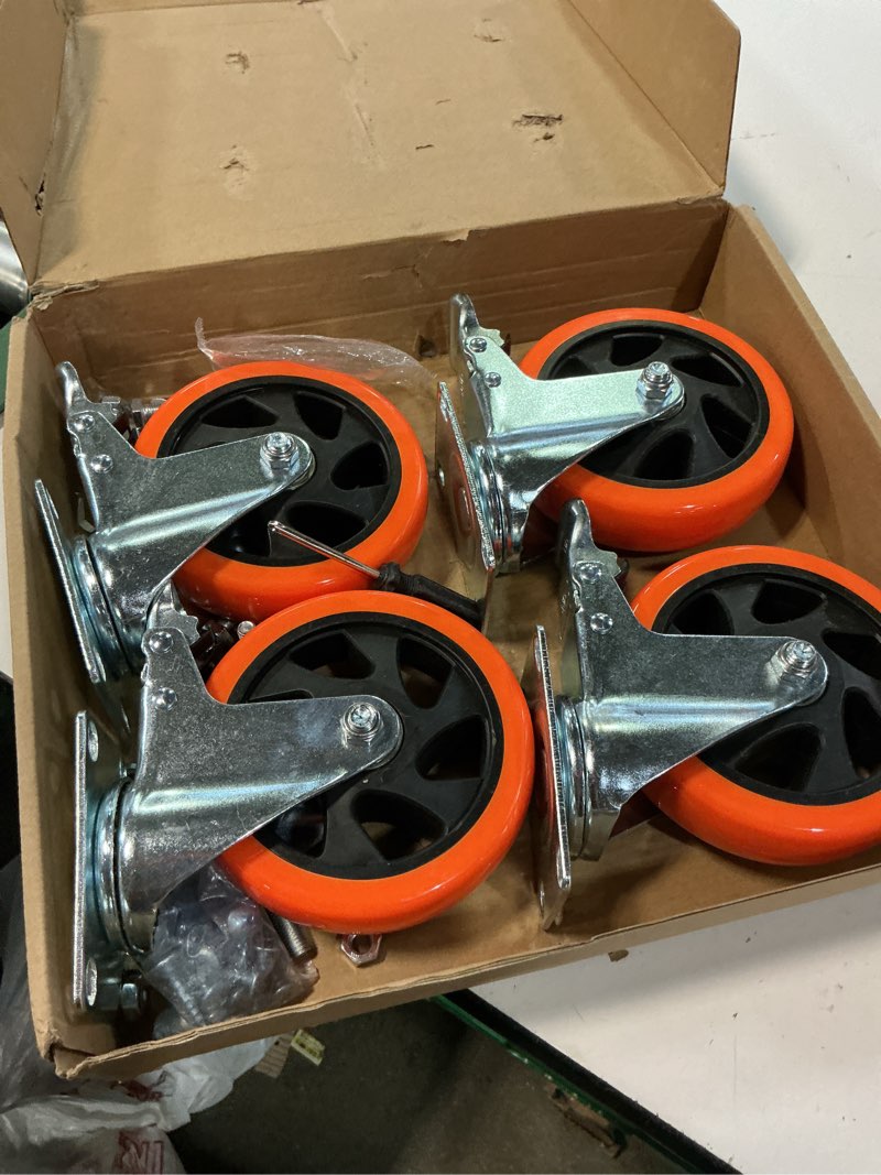 Condition photo showing As Is for w b d weibida swivel caster wheels for cart, 5 inch industrial heavy duty casters set of 4, top plate casters with brake, no noise polyurethane wheels for cart, furniture, workbench 5 inch (4 pack)