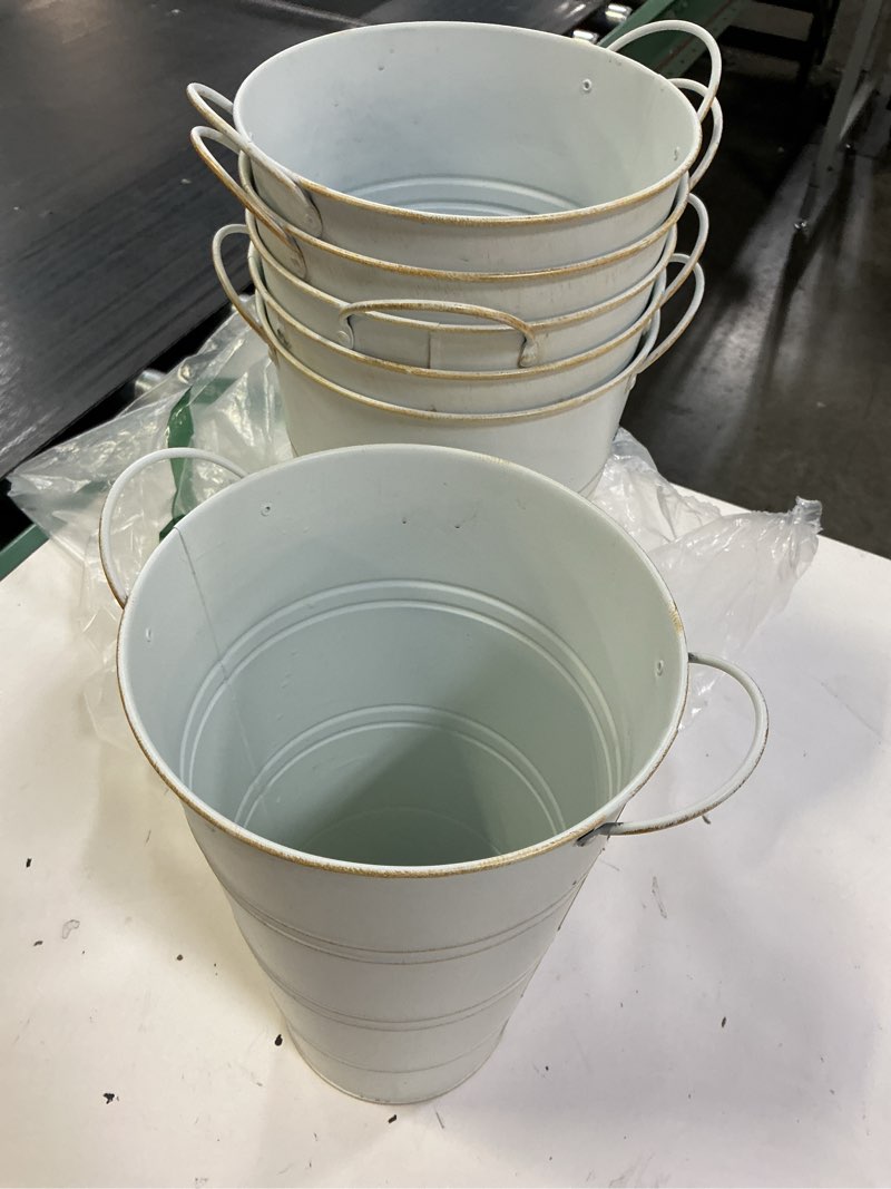 Condition photo showing As Is for vensovo 12 inch galvanized metal vases for flowers - 6 pcs farmhouse decorative tall flower bucket with handles, rustic french tin planter buckets for wedding decor (white) 6 white