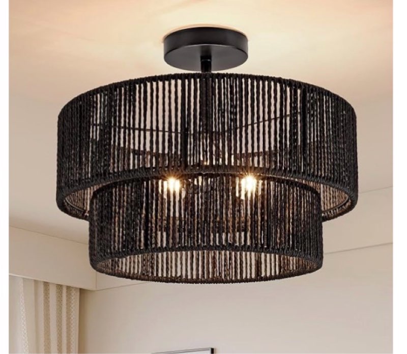 15.7'' Black Boho Light Fixtures Ceiling Mount Coastal Hemp Rope Semi Flush Mount Ceiling Light Fixture 3-Light Rattan Light Fixtures with 2-Tier Drum Shade for Dining Room Kitchen Entry