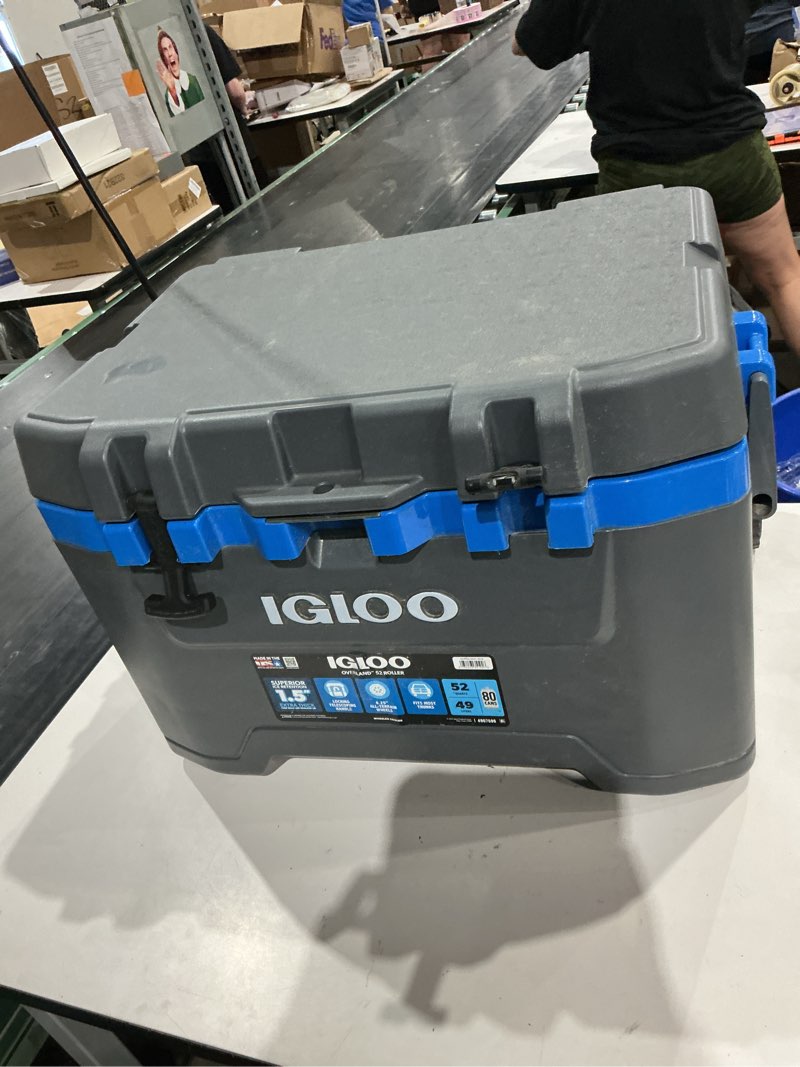 Condition photo showing As Is for igloo 52 qt overland ice chest cooler with wheels, gray and blue