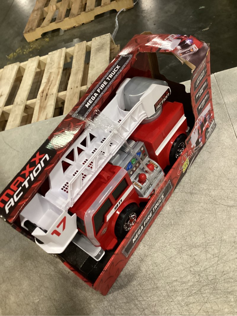 Condition photo showing New/Like New for maxx action 2-n-1 firetruck with joystick controls, lights, siren sounds, motorized movement, and 360° spinning ladder - 16-inch rescue toy vehicle for kids