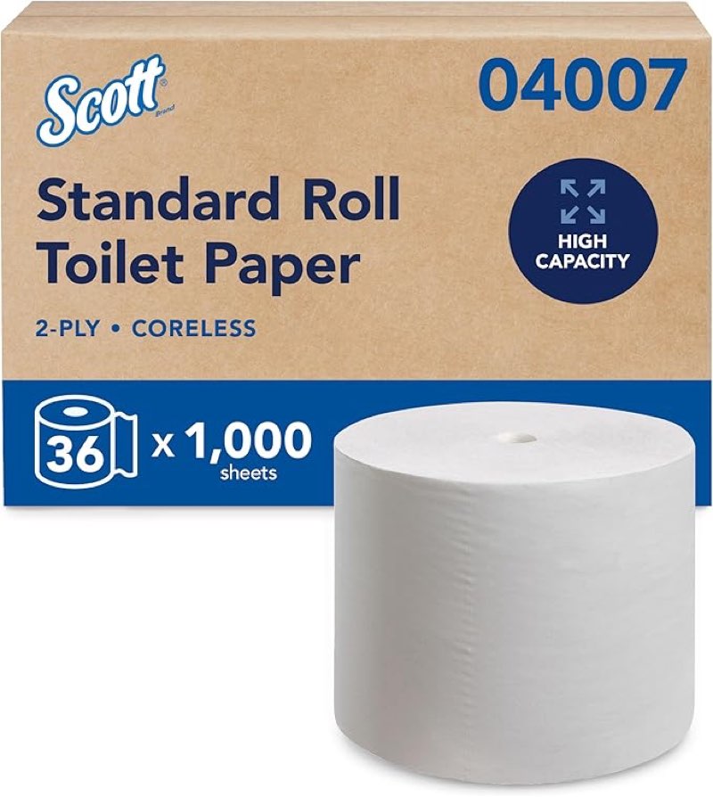10036000040071 scott professional essential coreless high-capacity standard roll toilet paper, bulk (04007), 2-ply, white (36 rolls of 1,000 sheets, 36,000 sheet total)
